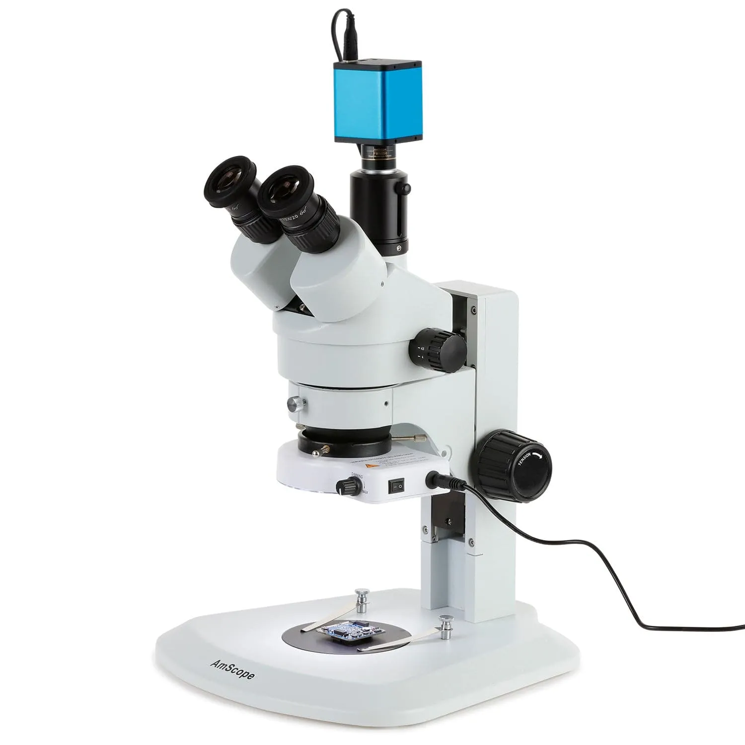 AmScope SM-1 Series Zoom Trinocular Stereo Microscope with 80 LED Compact Ring Light and Auto Focus Camera on Track Stand