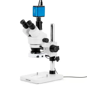 AmScope SM-1 Series Zoom Trinocular Stereo Microscope with 80 LED Compact Ring Light and HDMI Camera on Pillar Stand