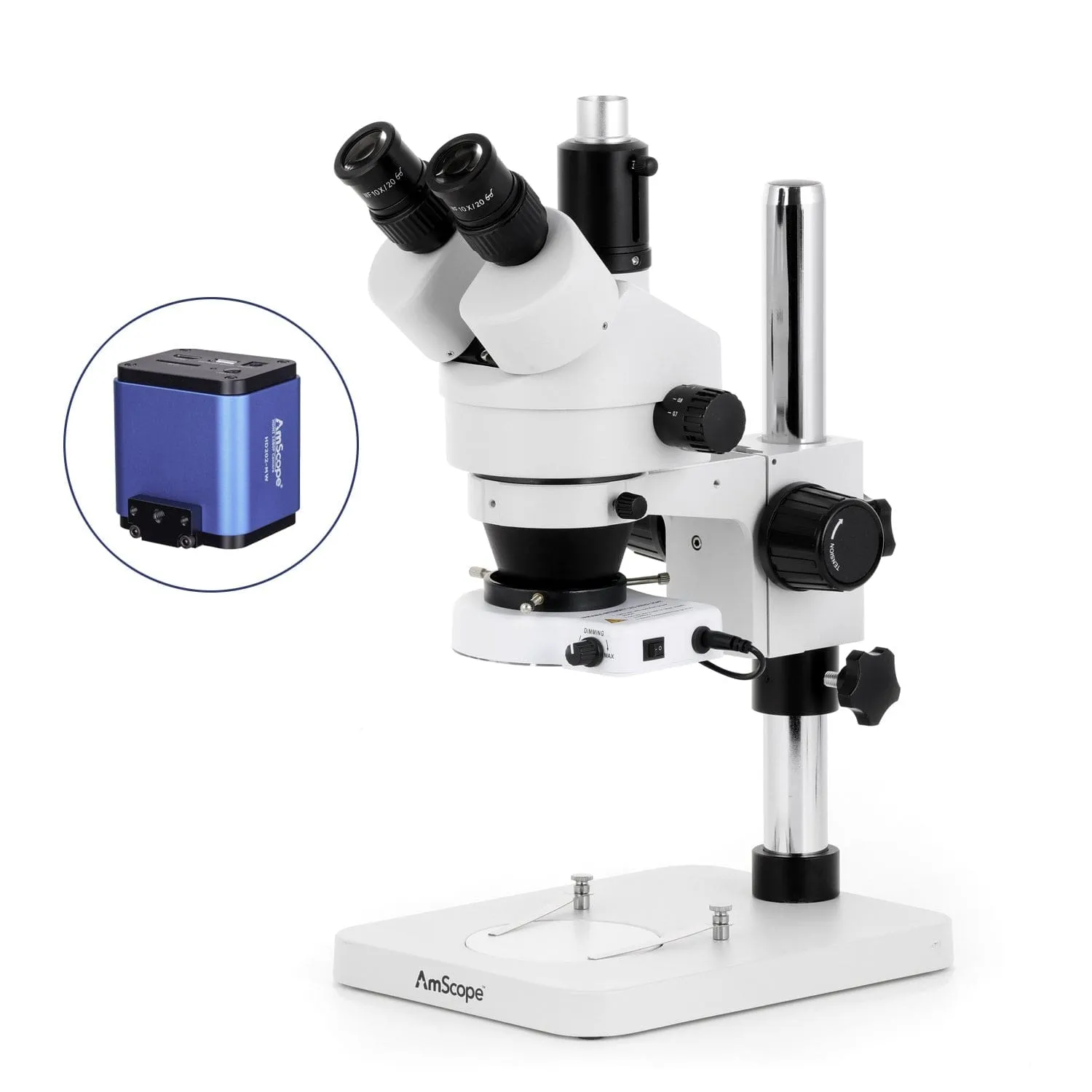 AmScope SM-1 Series Zoom Trinocular Stereo Microscope with 80 LED Compact Ring Light and HDMI Camera on Pillar Stand