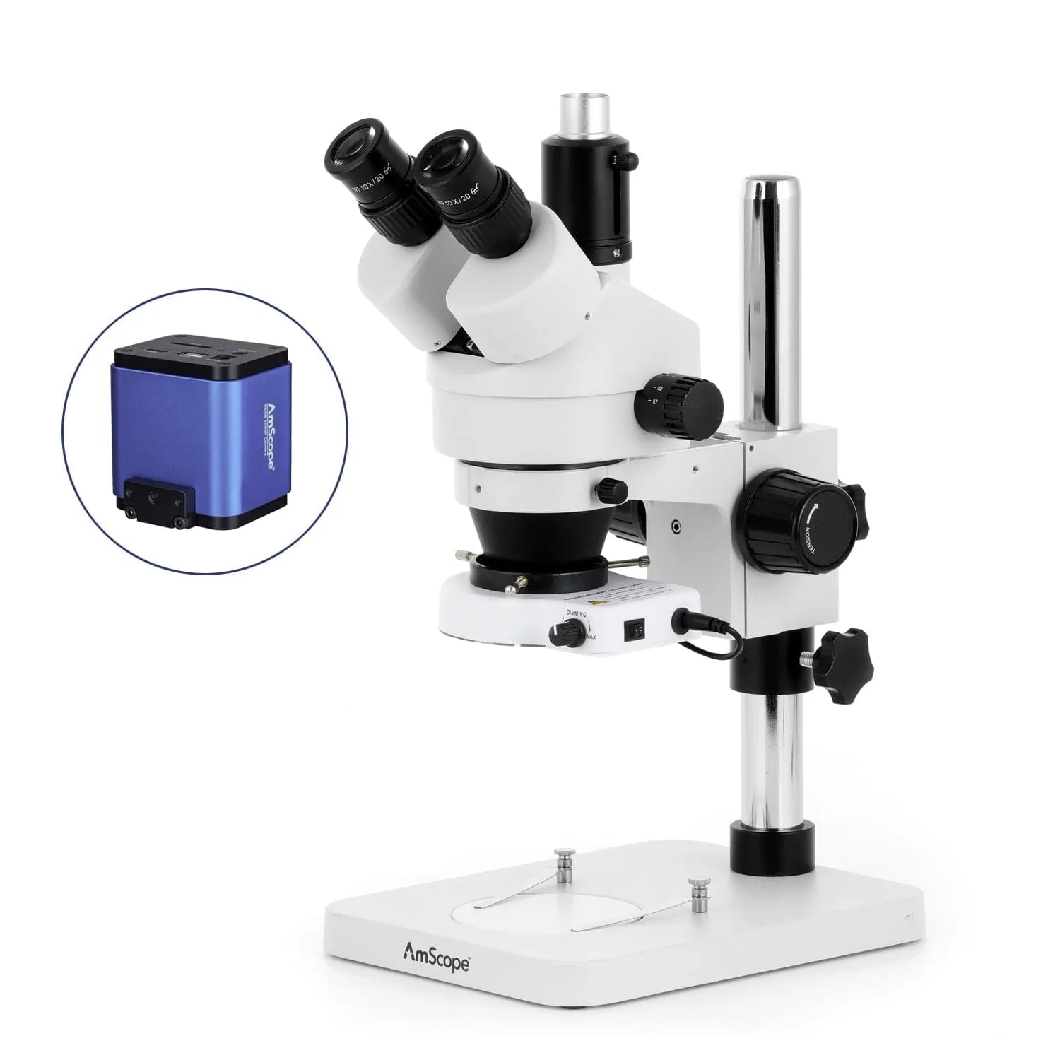 AmScope SM-1 Series Zoom Trinocular Stereo Microscope with 80 LED Compact Ring Light and HDMI Camera on Pillar Stand
