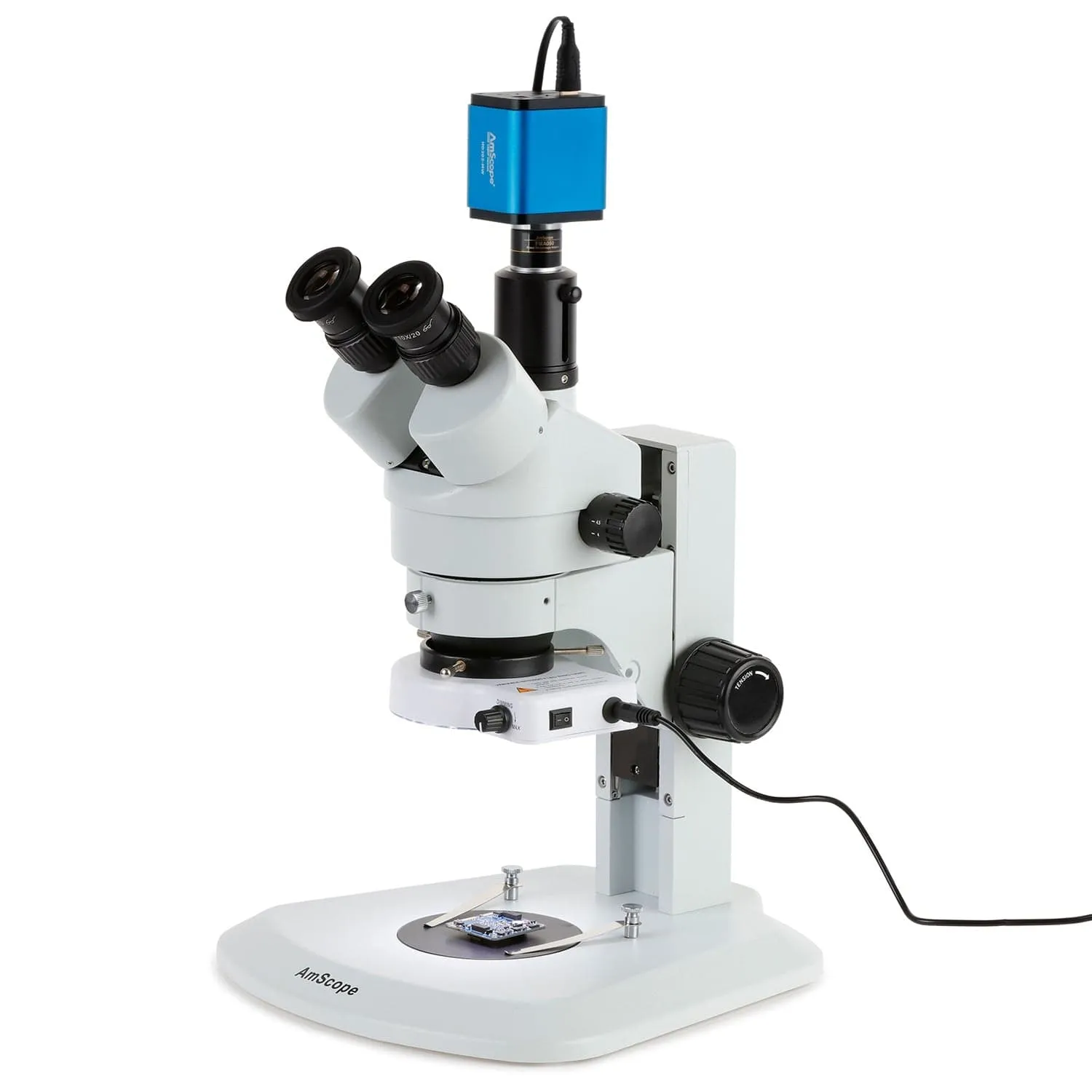 AmScope SM-1 Series Zoom Trinocular Stereo Microscope with 80 LED Compact Ring Light and HDMI Camera on Track Stand