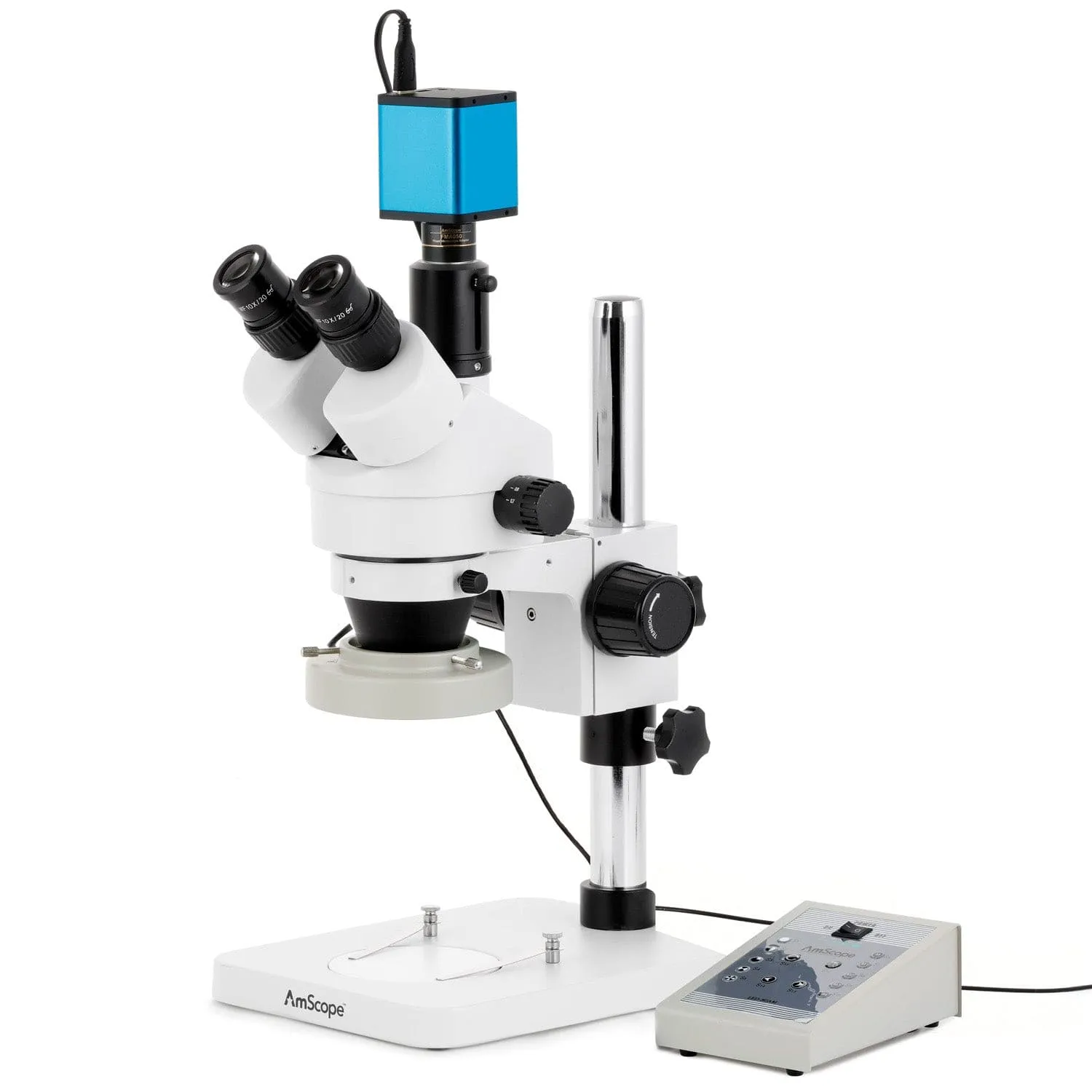 AmScope SM-1 Series Zoom Trinocular Stereo Microscope with 80 LED Direction Variable Ring Light and Auto Focus Camera on Pillar Stand