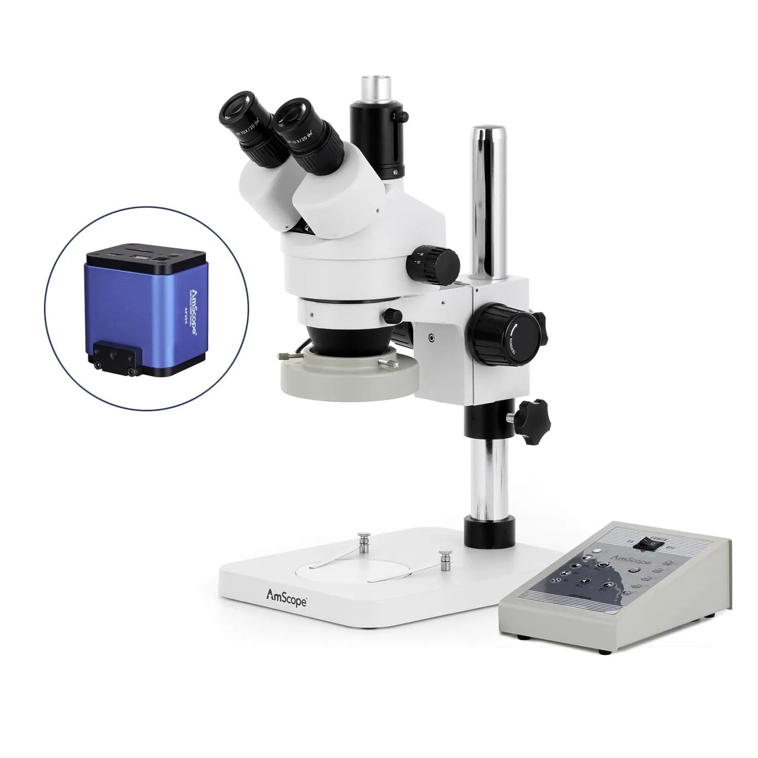 AmScope SM-1 Series Zoom Trinocular Stereo Microscope with 80 LED Direction Variable Ring Light and Auto Focus Camera on Pillar Stand
