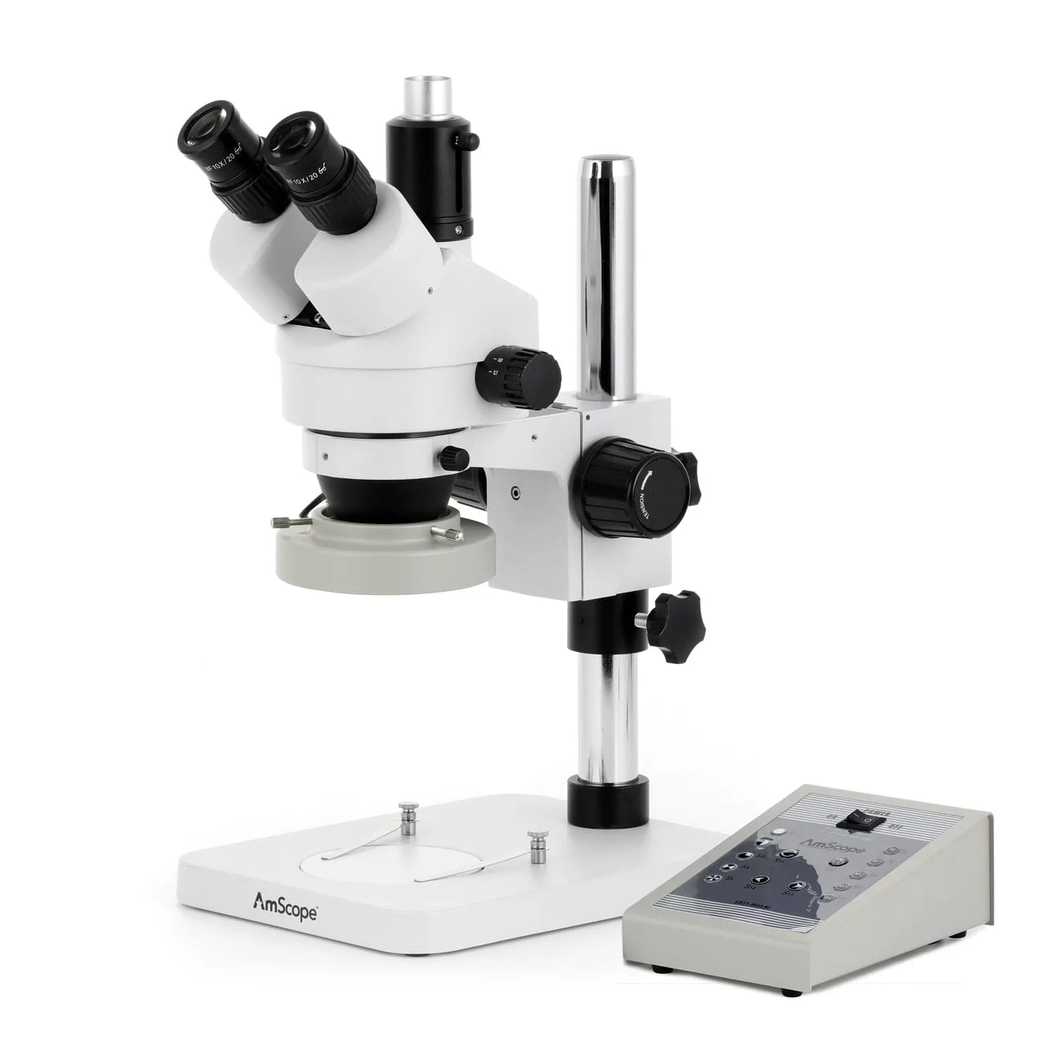 AmScope SM-1 Series Zoom Trinocular Stereo Microscope with 80 LED Direction Variable Ring Light and Auto Focus Camera on Pillar Stand