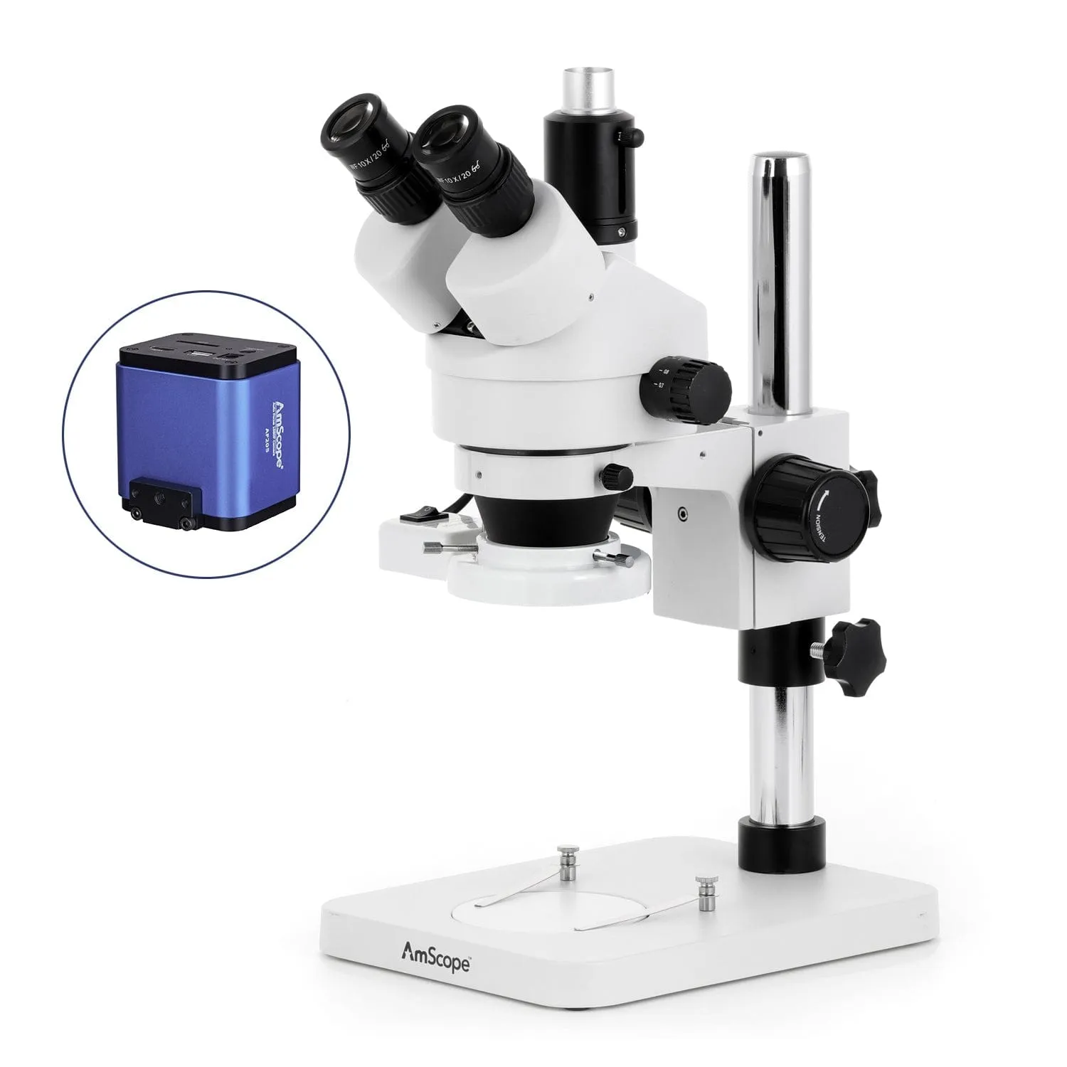 AmScope SM-1 Series Zoom Trinocular Stereo Microscope with 8W Fluorescent Ring Light and Auto Focus Camera on Pillar Stand