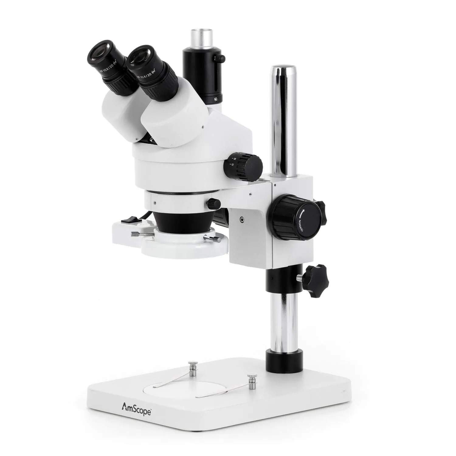 AmScope SM-1 Series Zoom Trinocular Stereo Microscope with 8W Fluorescent Ring Light and Auto Focus Camera on Pillar Stand