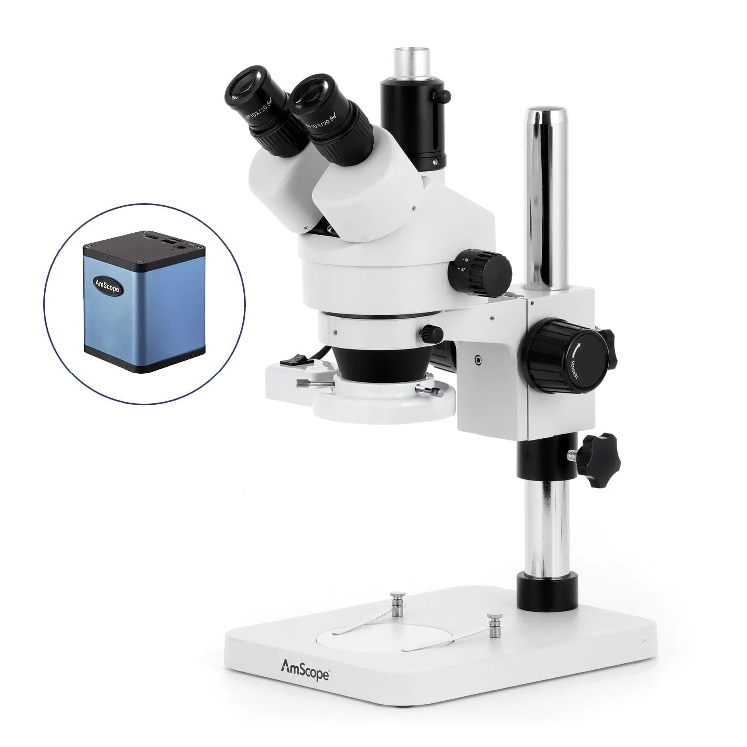 AmScope SM-1 Series Zoom Trinocular Stereo Microscope with 8W Fluorescent Ring Light and Auto Focus Camera on Pillar Stand