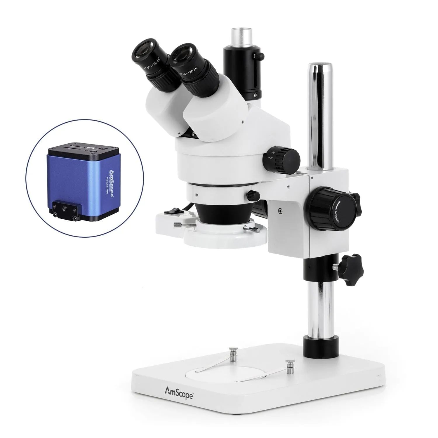 AmScope SM-1 Series Zoom Trinocular Stereo Microscope with 8W Fluorescent Ring Light and HDMI Camera on Pillar Stand
