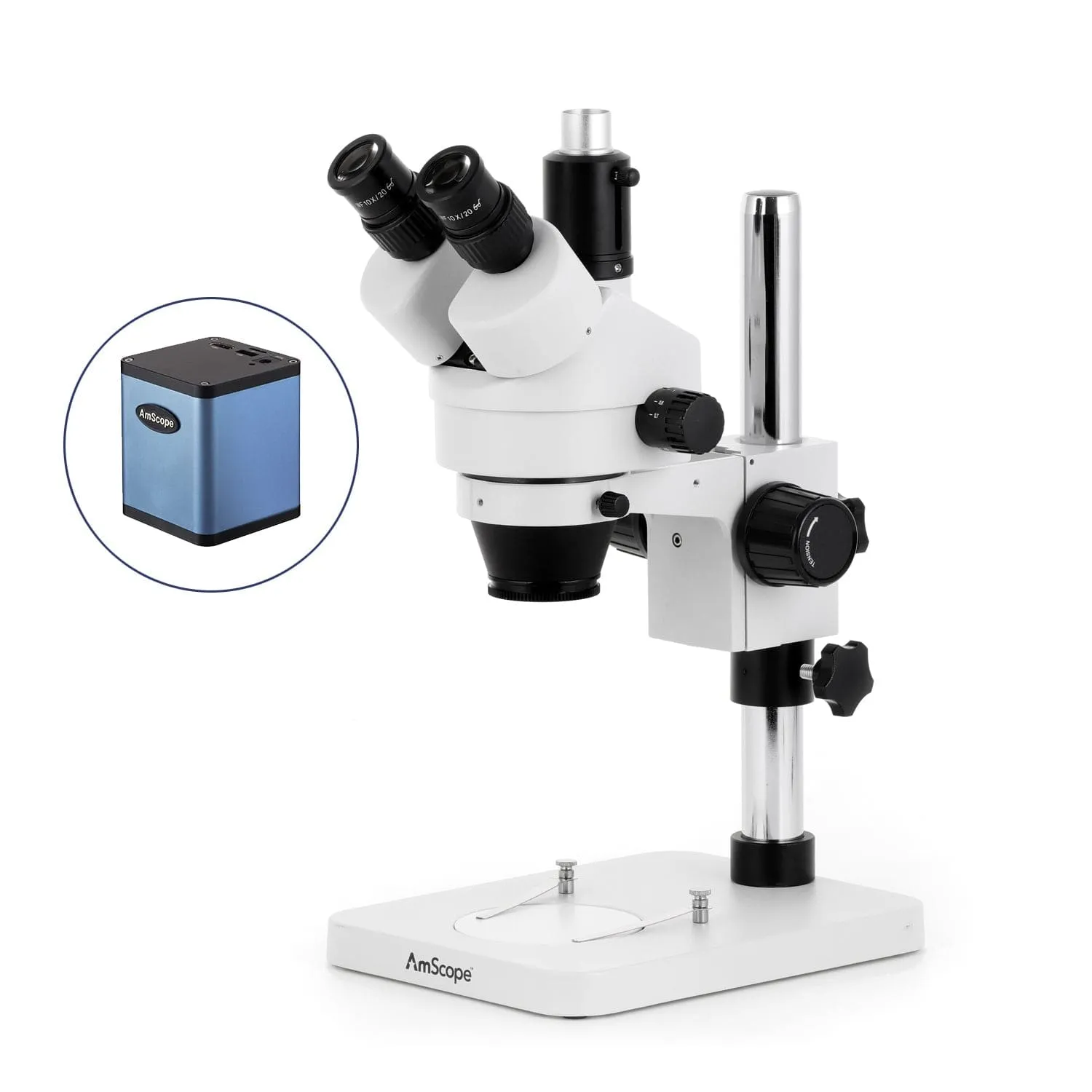 AmScope SM-1 Series Zoom Trinocular Stereo Microscope with Auto Focus Camera on Pillar Stand