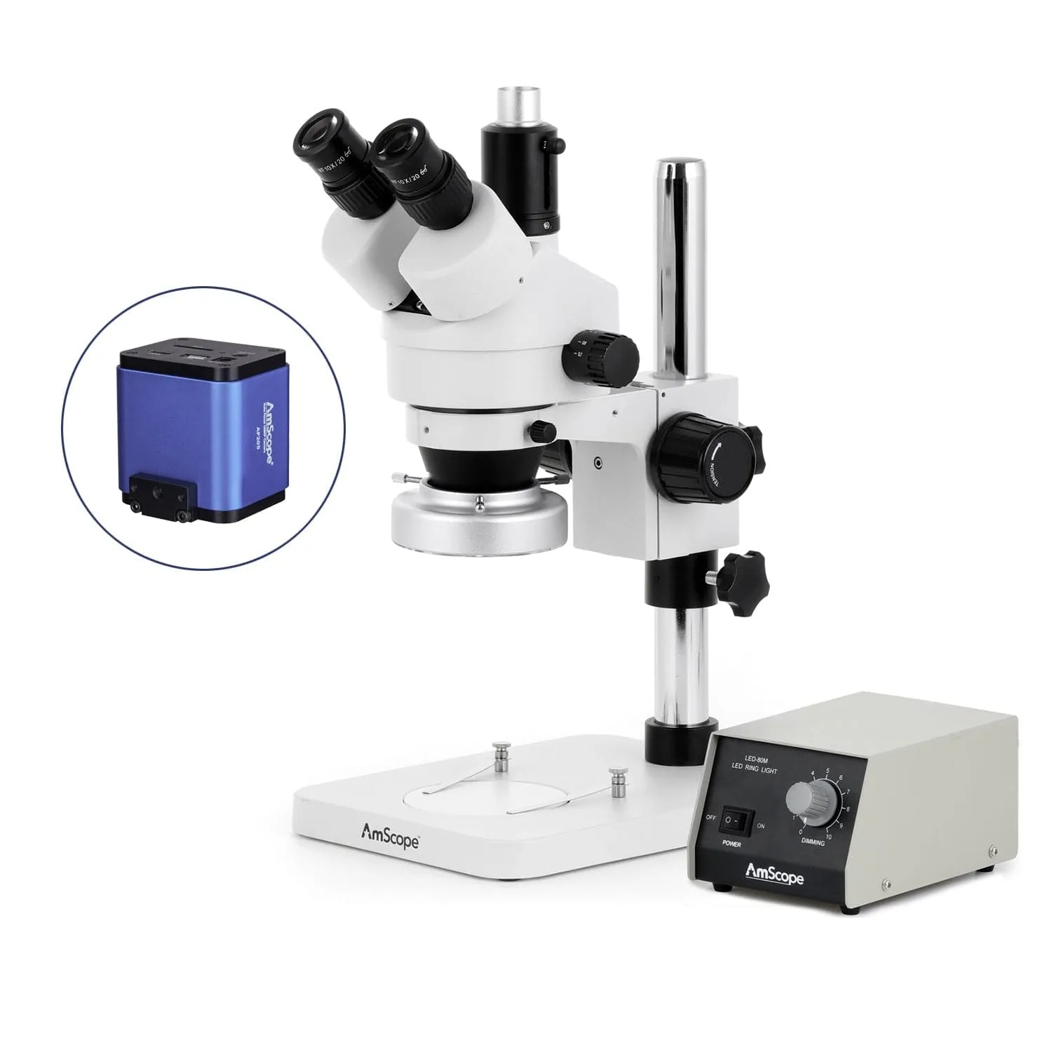 AmScope SM-1 Series Zoom Trinocular Stereo Microscope with Heavy Duty 80 LED Ring Light and Auto Focus Camera on Pillar Stand