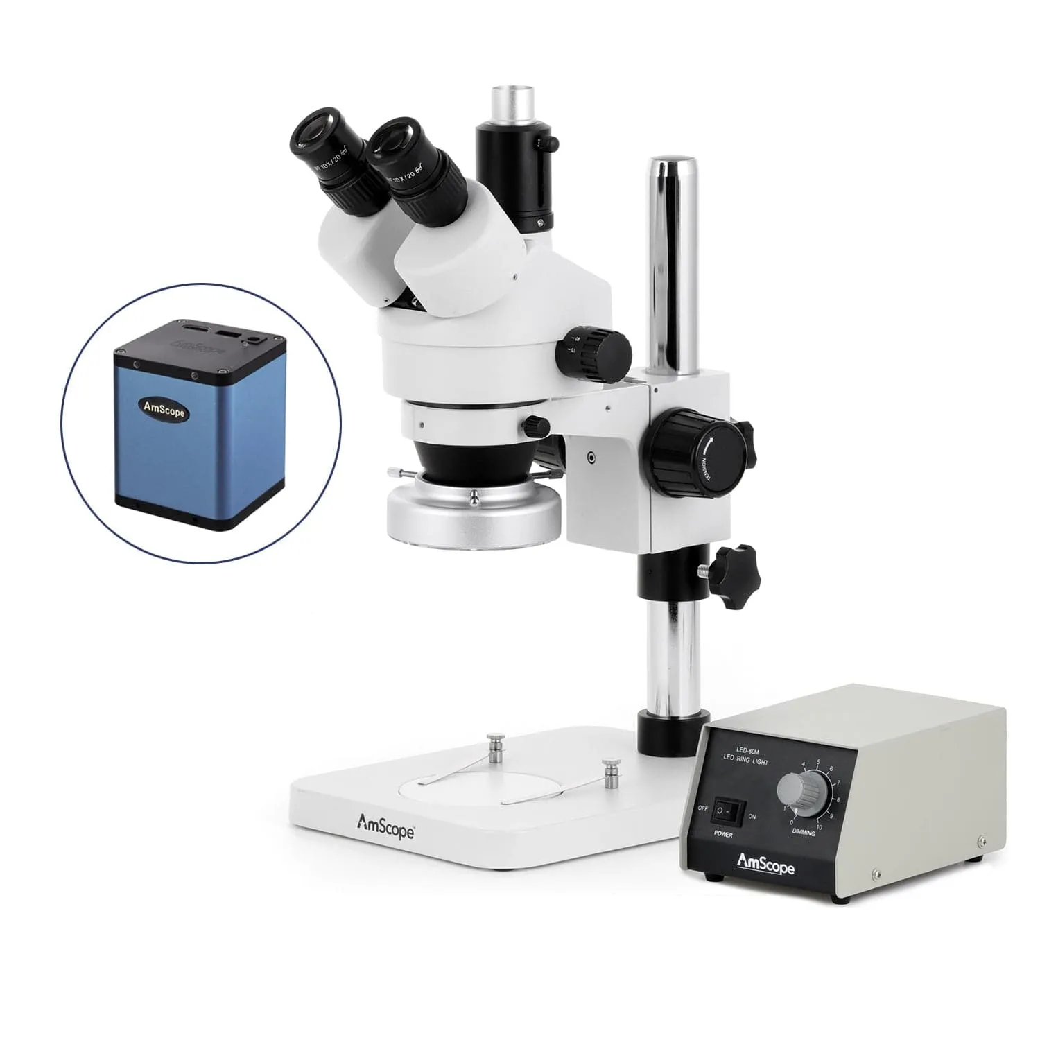 AmScope SM-1 Series Zoom Trinocular Stereo Microscope with Heavy Duty 80 LED Ring Light and Auto Focus Camera on Pillar Stand