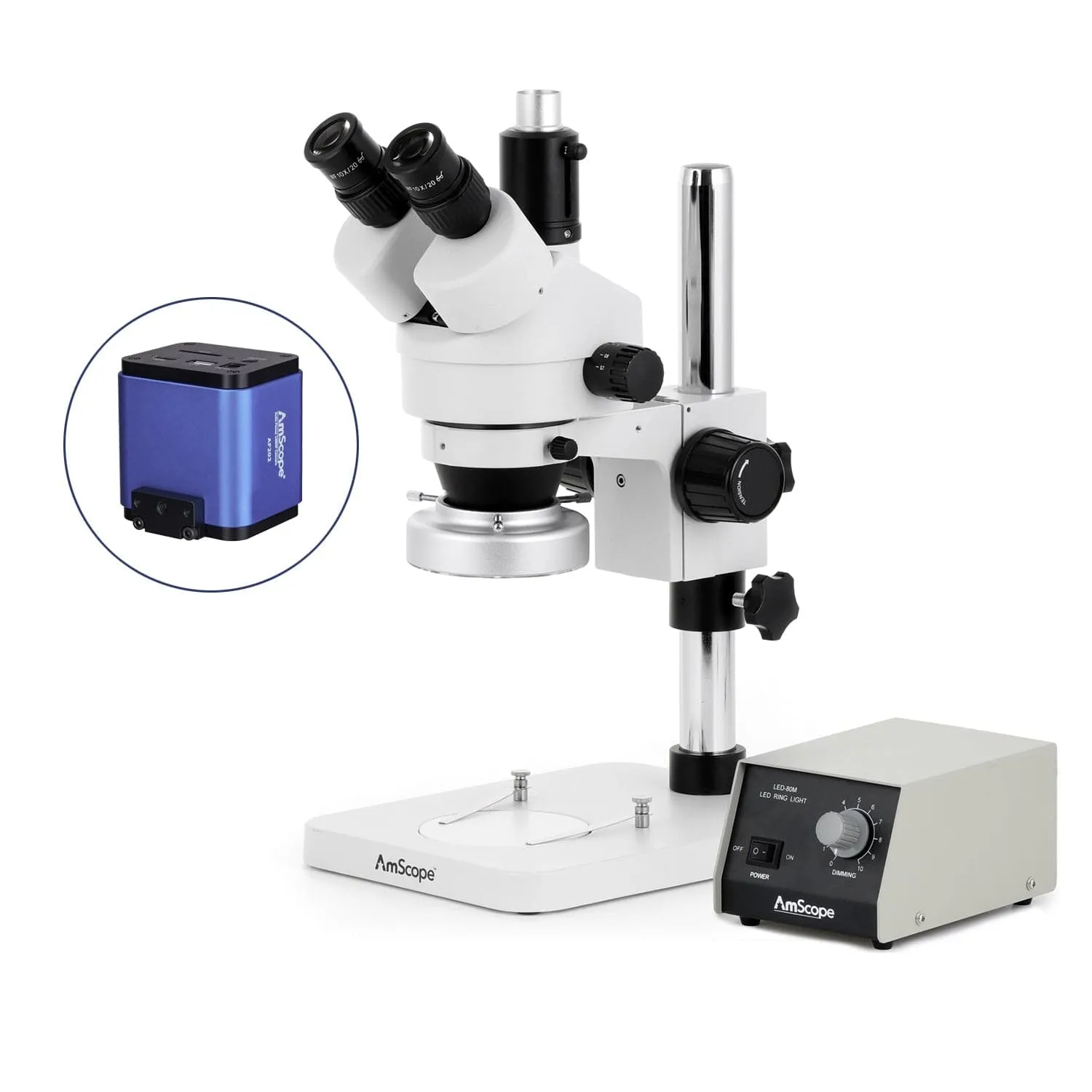 AmScope SM-1 Series Zoom Trinocular Stereo Microscope with Heavy Duty 80 LED Ring Light and Auto Focus Camera on Pillar Stand