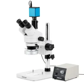 AmScope SM-1 Series Zoom Trinocular Stereo Microscope with Heavy Duty 80 LED Ring Light and Auto Focus Camera on Pillar Stand