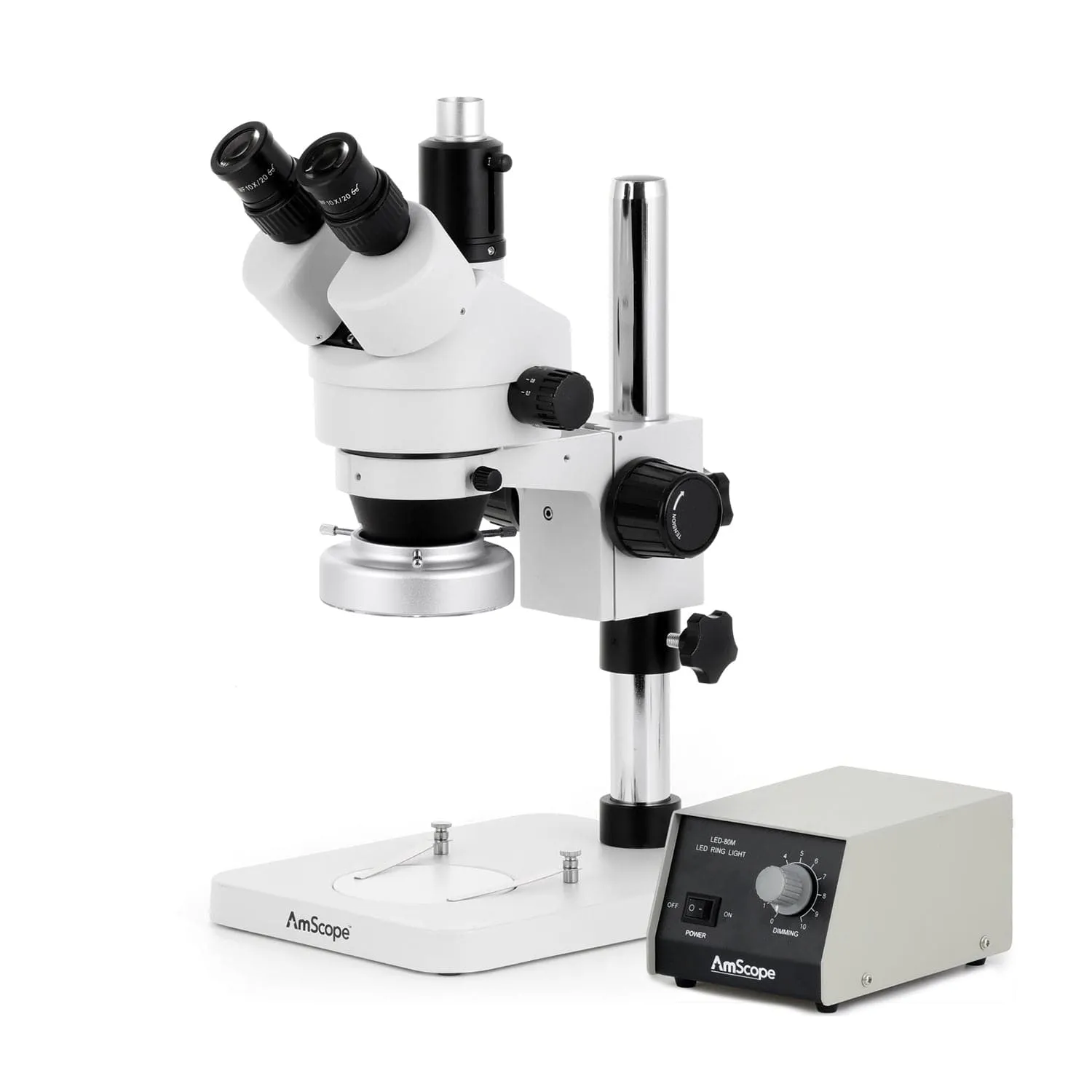 AmScope SM-1 Series Zoom Trinocular Stereo Microscope with Heavy Duty 80 LED Ring Light and Auto Focus Camera on Pillar Stand