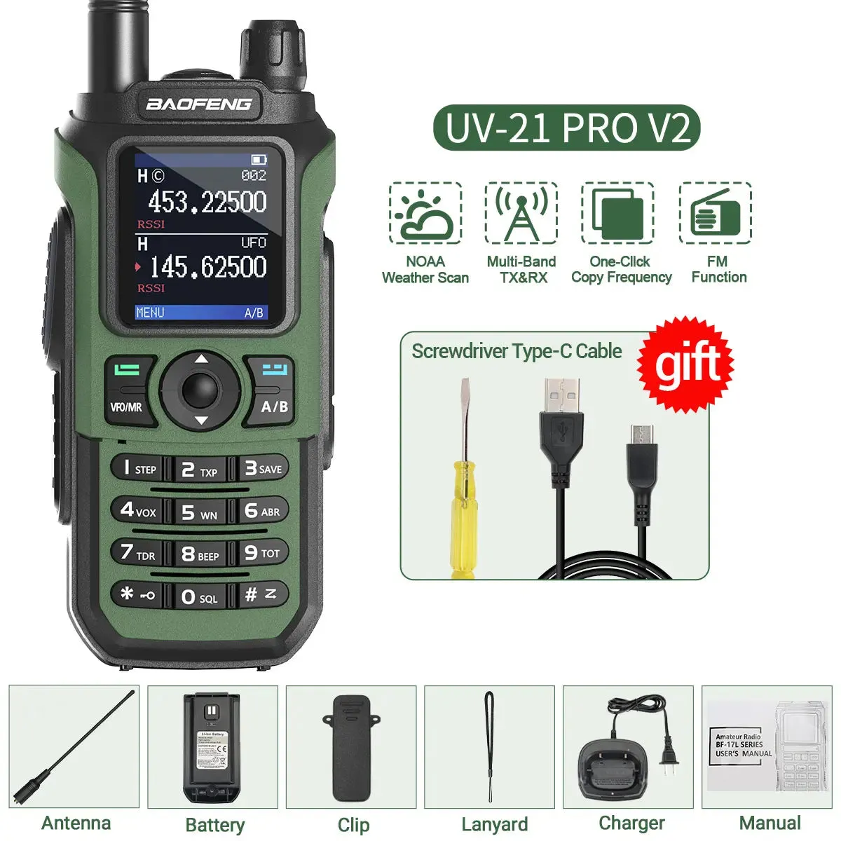 Baofeng UV-21 Pro V2 Wireless Copy Frequency Tri Band Powerful Waterproof Long Range UV-5R 22Pro S22 Type-C Two Way Radio