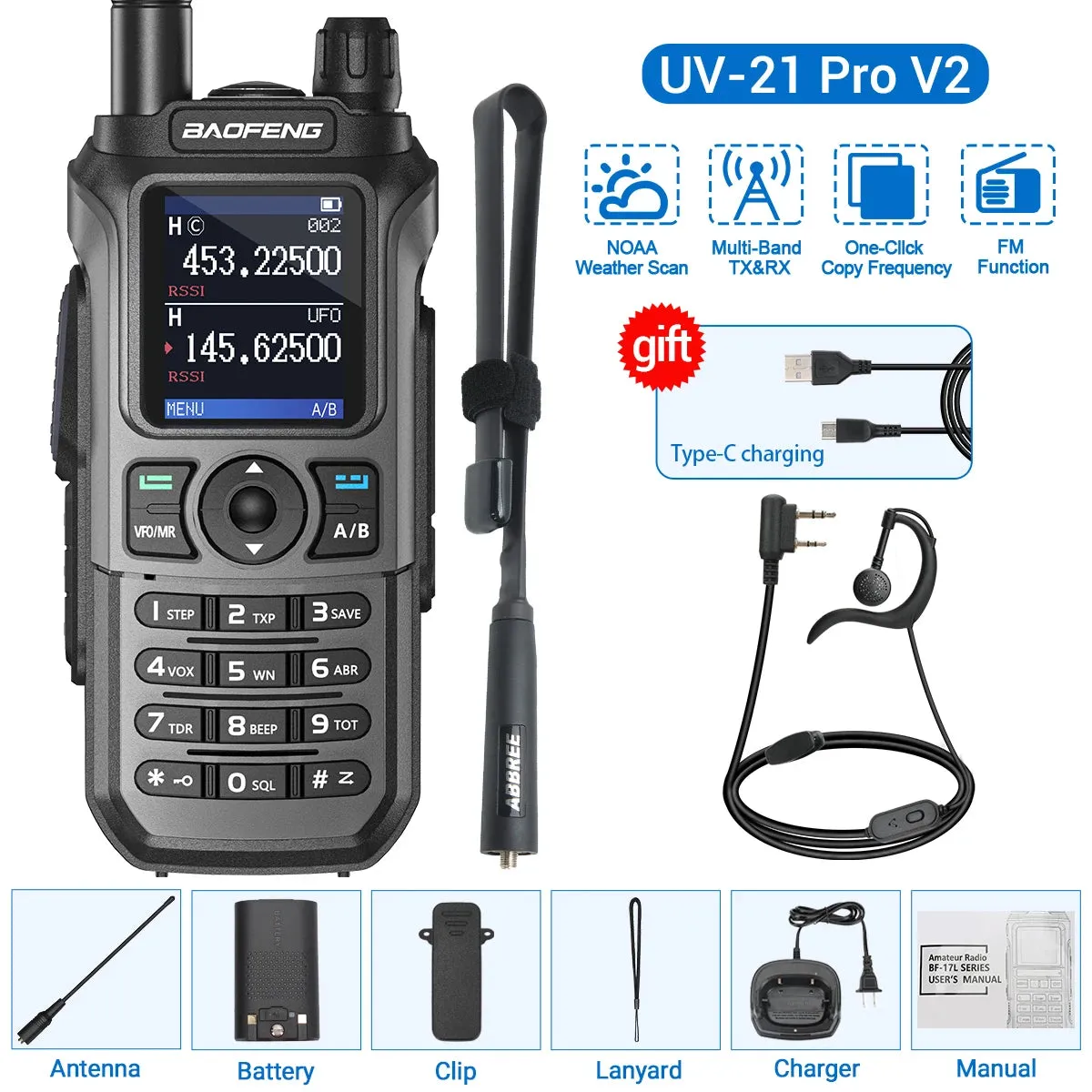 Baofeng UV-21 Pro V2 Wireless Copy Frequency Tri Band Powerful Waterproof Long Range UV-5R 22Pro S22 Type-C Two Way Radio