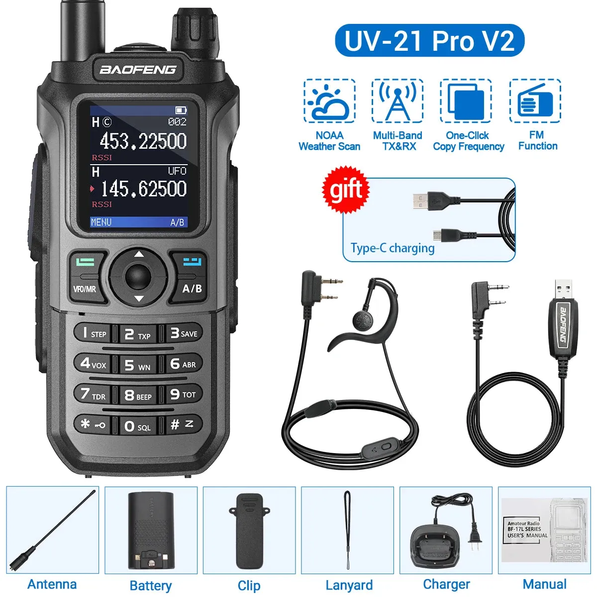 Baofeng UV-21 Pro V2 Wireless Copy Frequency Tri Band Powerful Waterproof Long Range UV-5R 22Pro S22 Type-C Two Way Radio