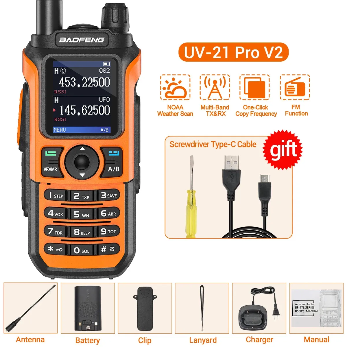 Baofeng UV-21 Pro V2 Wireless Copy Frequency Tri Band Powerful Waterproof Long Range UV-5R 22Pro S22 Type-C Two Way Radio