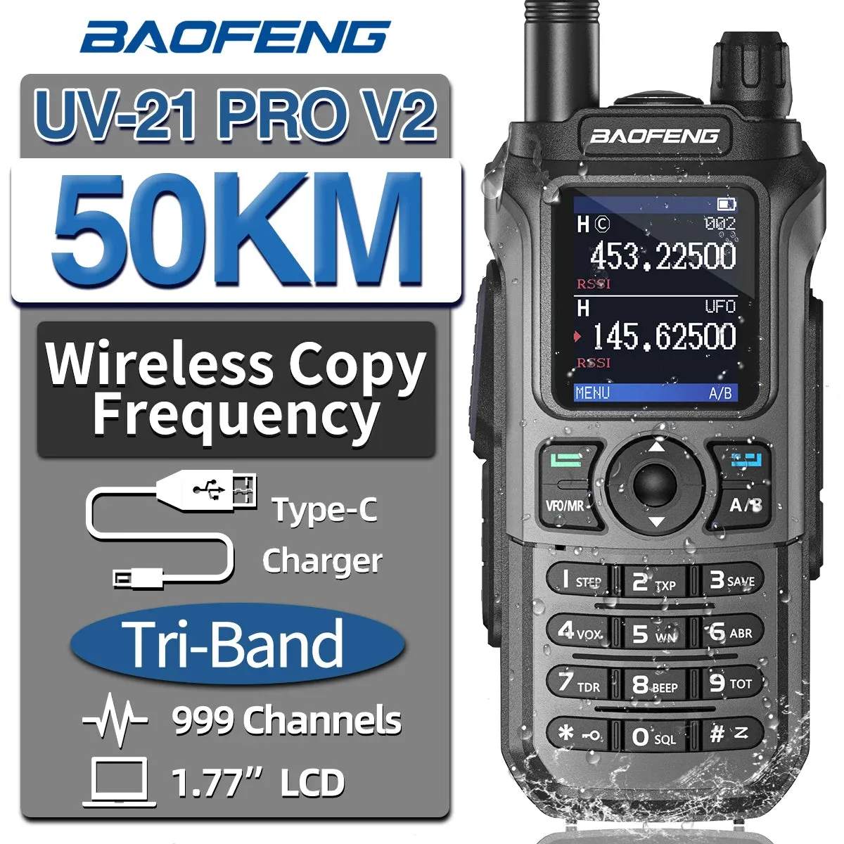 Baofeng UV-21 Pro V2 Wireless Copy Frequency Tri Band Powerful Waterproof Long Range UV-5R 22Pro S22 Type-C Two Way Radio