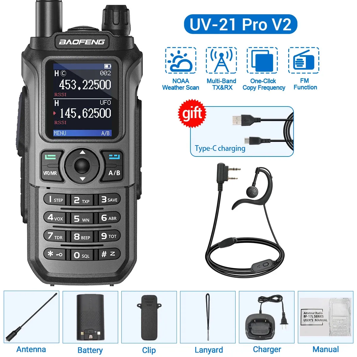 Baofeng UV-21 Pro V2 Wireless Copy Frequency Tri Band Powerful Waterproof Long Range UV-5R 22Pro S22 Type-C Two Way Radio