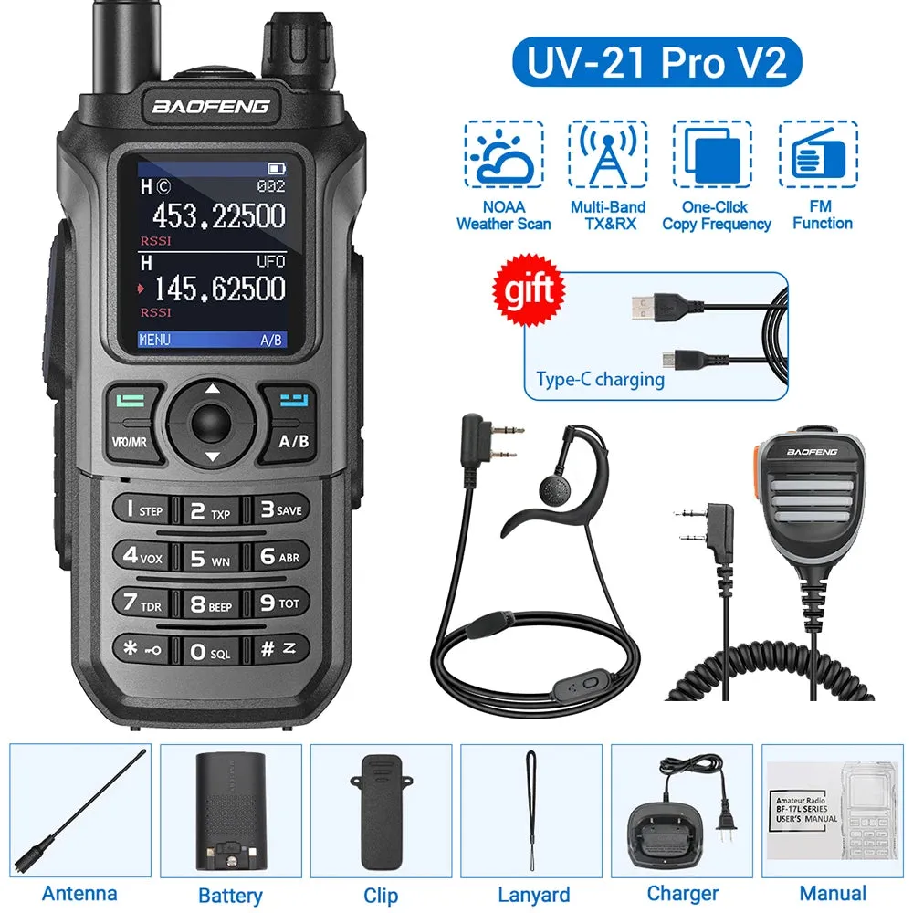 Baofeng UV-21 Pro V2 Wireless Copy Frequency Tri Band Powerful Waterproof Long Range UV-5R 22Pro S22 Type-C Two Way Radio