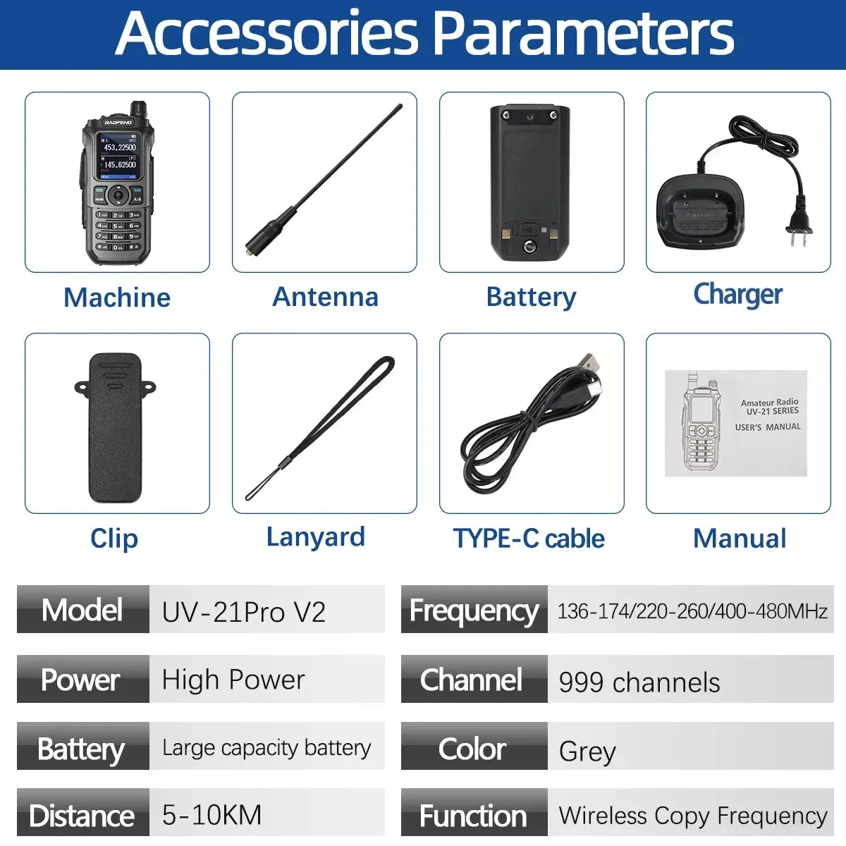 Baofeng UV-21 Pro V2 Wireless Copy Frequency Tri Band Powerful Waterproof Long Range UV-5R 22Pro S22 Type-C Two Way Radio