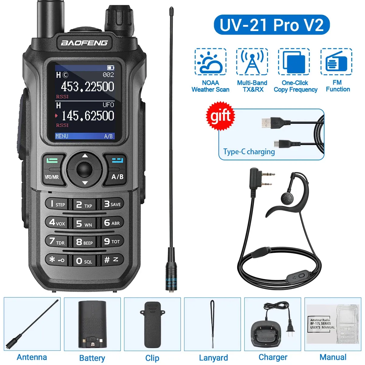 Baofeng UV-21 Pro V2 Wireless Copy Frequency Tri Band Powerful Waterproof Long Range UV-5R 22Pro S22 Type-C Two Way Radio