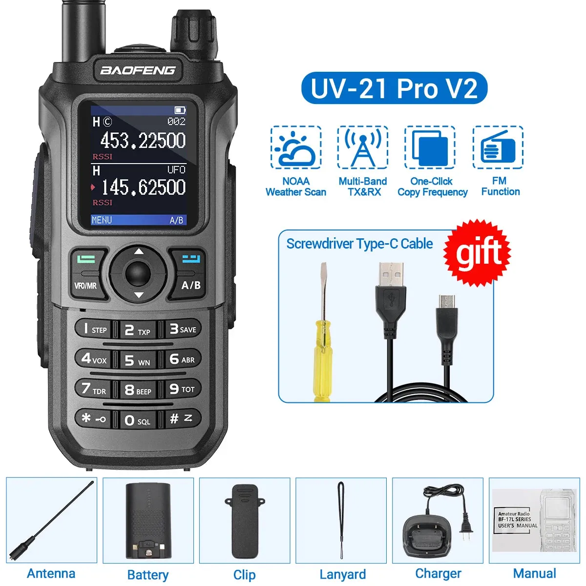 Baofeng UV-21 Pro V2 Wireless Copy Frequency Tri Band Powerful Waterproof Long Range UV-5R 22Pro S22 Type-C Two Way Radio