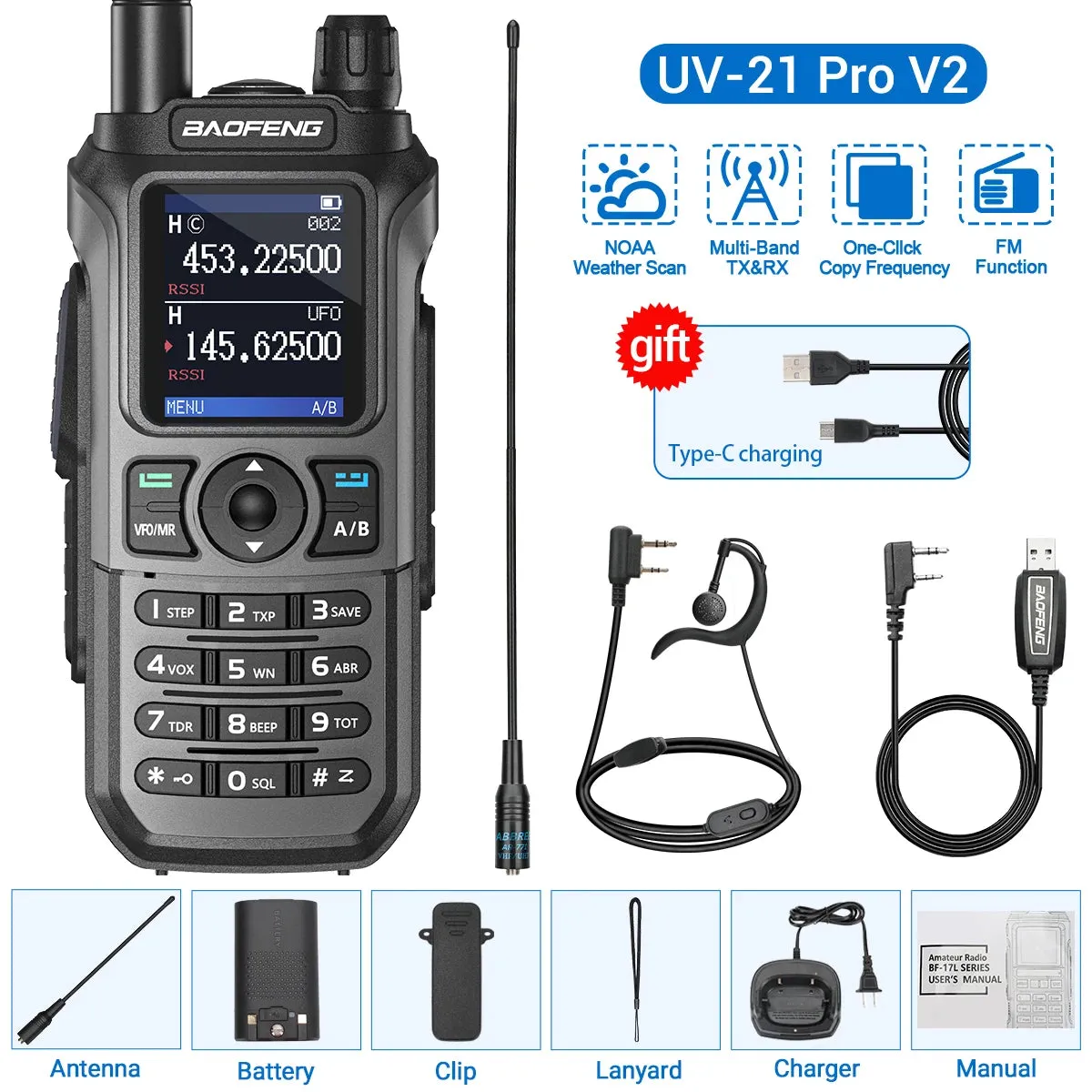 Baofeng UV-21 Pro V2 Wireless Copy Frequency Tri Band Powerful Waterproof Long Range UV-5R 22Pro S22 Type-C Two Way Radio