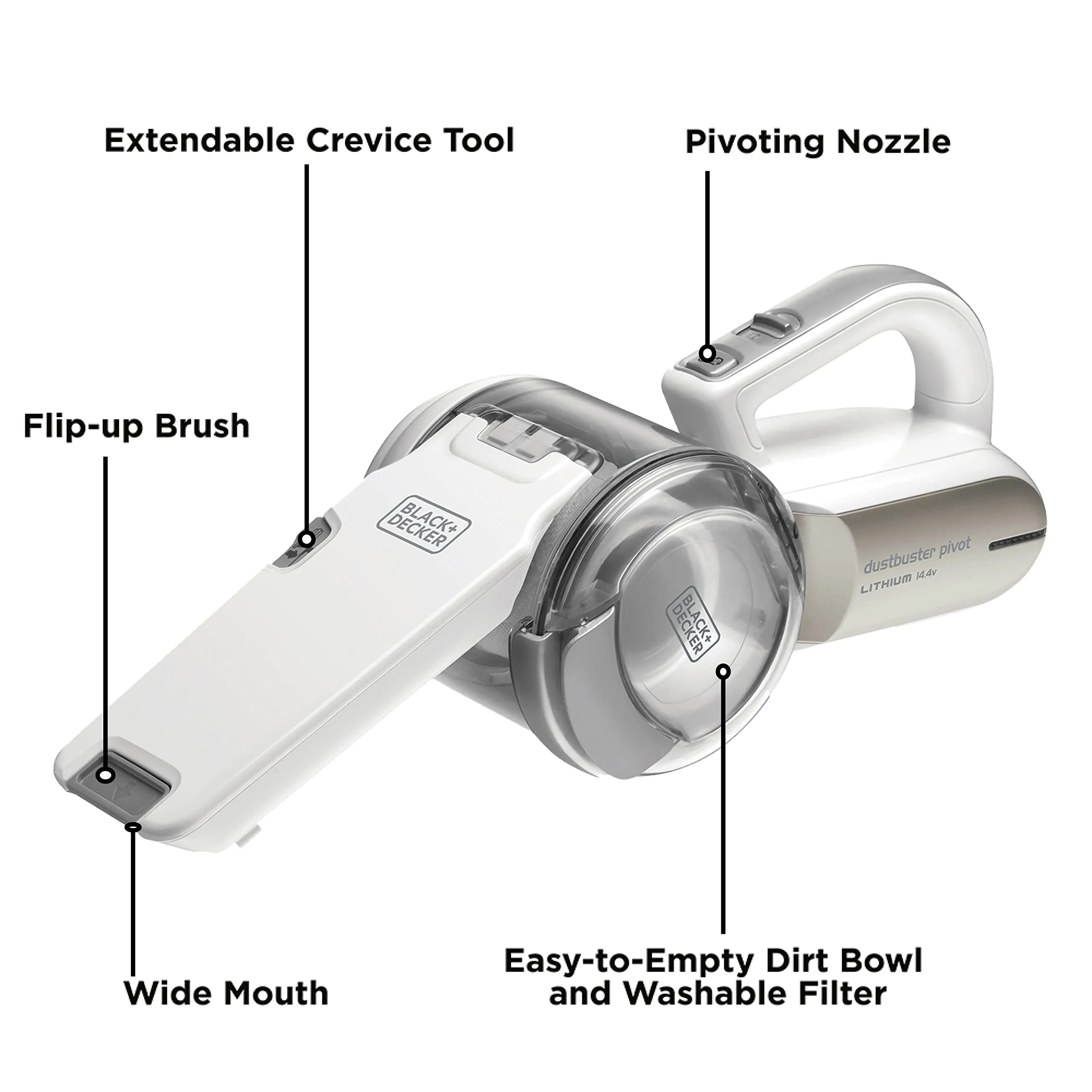 BLACK DECKER Cordless Handheld Portable Vacuum Cleaner 14.4 V 1.5 Ah Li-Ion Battery 27.5 Air Watts Suction Power Champagne/White PV1420L-B5