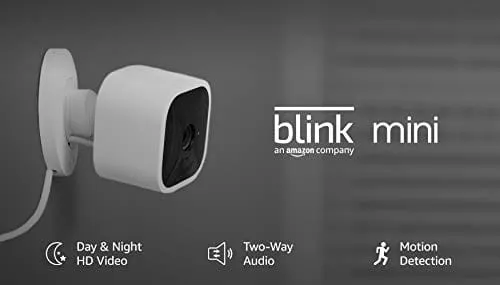 Blink Mini – Compact indoor plug-in smart security camera, 1080 HD video, night vision, motion detection, two-way audio, Works with Alexa – 1 camera