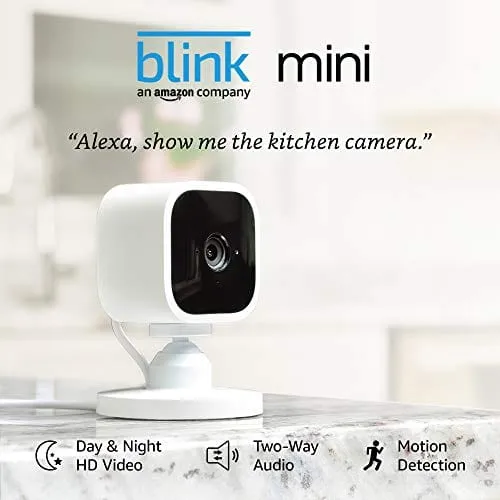 Blink Mini – Compact indoor plug-in smart security camera, 1080 HD video, night vision, motion detection, two-way audio, Works with Alexa – 1 camera