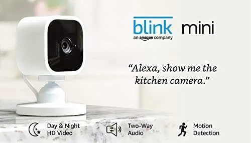 Blink Mini – Compact indoor plug-in smart security camera, 1080 HD video, night vision, motion detection, two-way audio, Works with Alexa – 1 camera