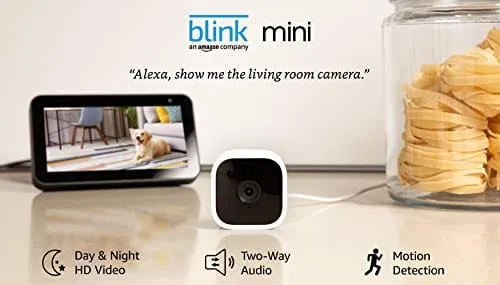 Blink Mini – Compact indoor plug-in smart security camera, 1080 HD video, night vision, motion detection, two-way audio, Works with Alexa – 1 camera