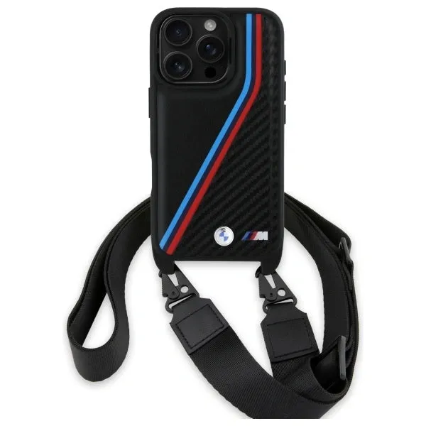 BMW M Series Carbon Tricolor Lines & Strap Case for iPhone 16 Pro Max 6.9" Black - BMHCP16X23PSVTK