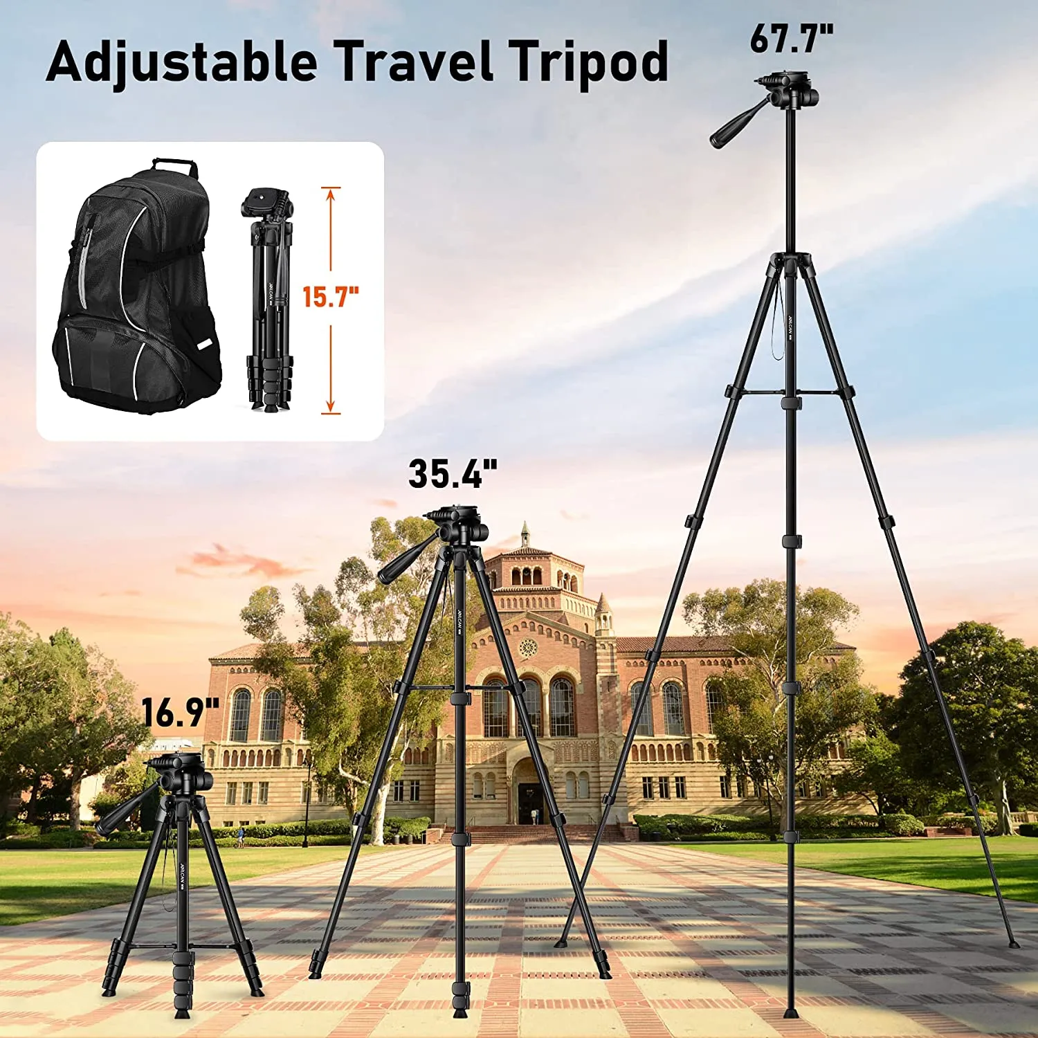 Camera Tripod, 68" Tripod Stand for Phone Tablet Photo Video, Travel Floor Tripods Compatible with iPad Pro iPhone Canon Nikon DSLR, Cell Phone Tripods with Remote/Travel Bag / 2 in 1 Mount(USA)