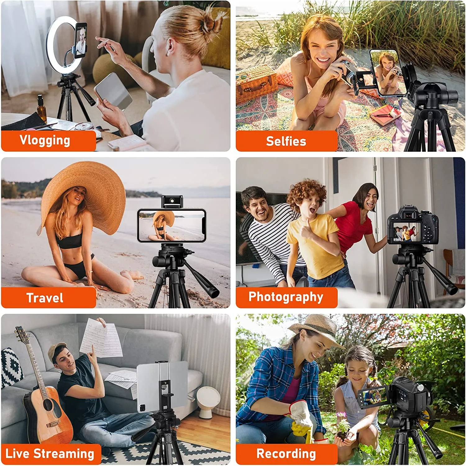 Camera Tripod, 68" Tripod Stand for Phone Tablet Photo Video, Travel Floor Tripods Compatible with iPad Pro iPhone Canon Nikon DSLR, Cell Phone Tripods with Remote/Travel Bag / 2 in 1 Mount(USA)