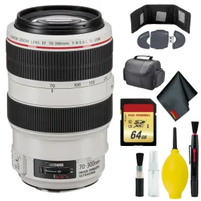 Canon EF 70-300mm f/4-5.6L IS USM Lens Bundle with Cleaning Kit, Memory Card Wallet & Reader - 64GB, and Medium Soft Case (For SLR Cameras and Lenses).