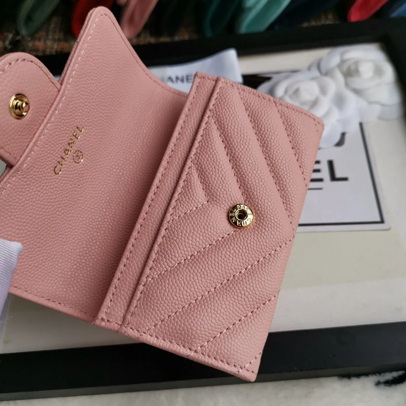 CHANEL Caviar Chevron Quilted Compact Flap Wallet Pink