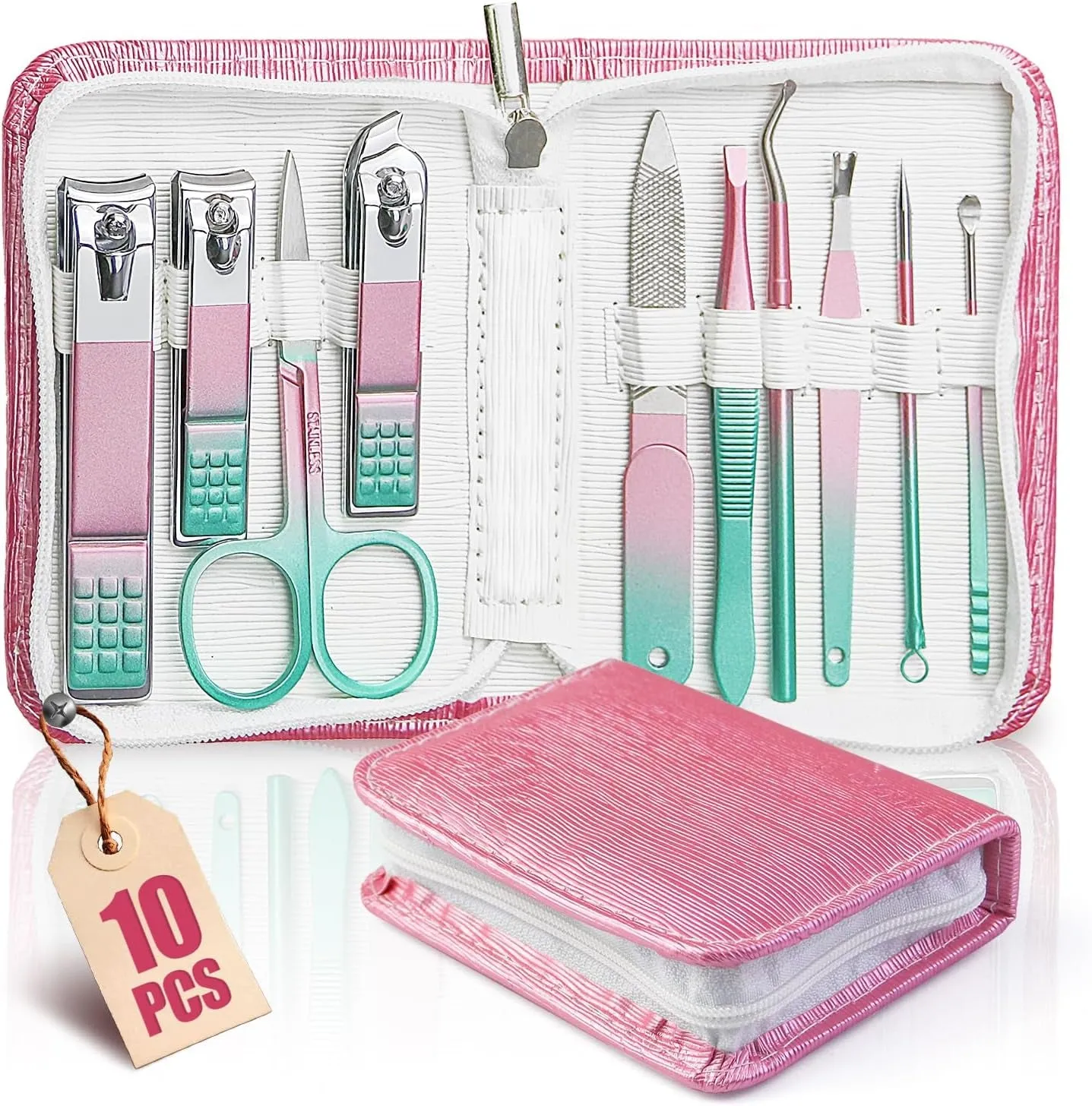 Compact 10-Piece Travel Manicure Set - Pink Stainless Steel Nail Clippers and Pedicure Kit for Women