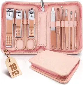 Compact 10-Piece Travel Manicure Set - Pink Stainless Steel Nail Clippers and Pedicure Kit for Women