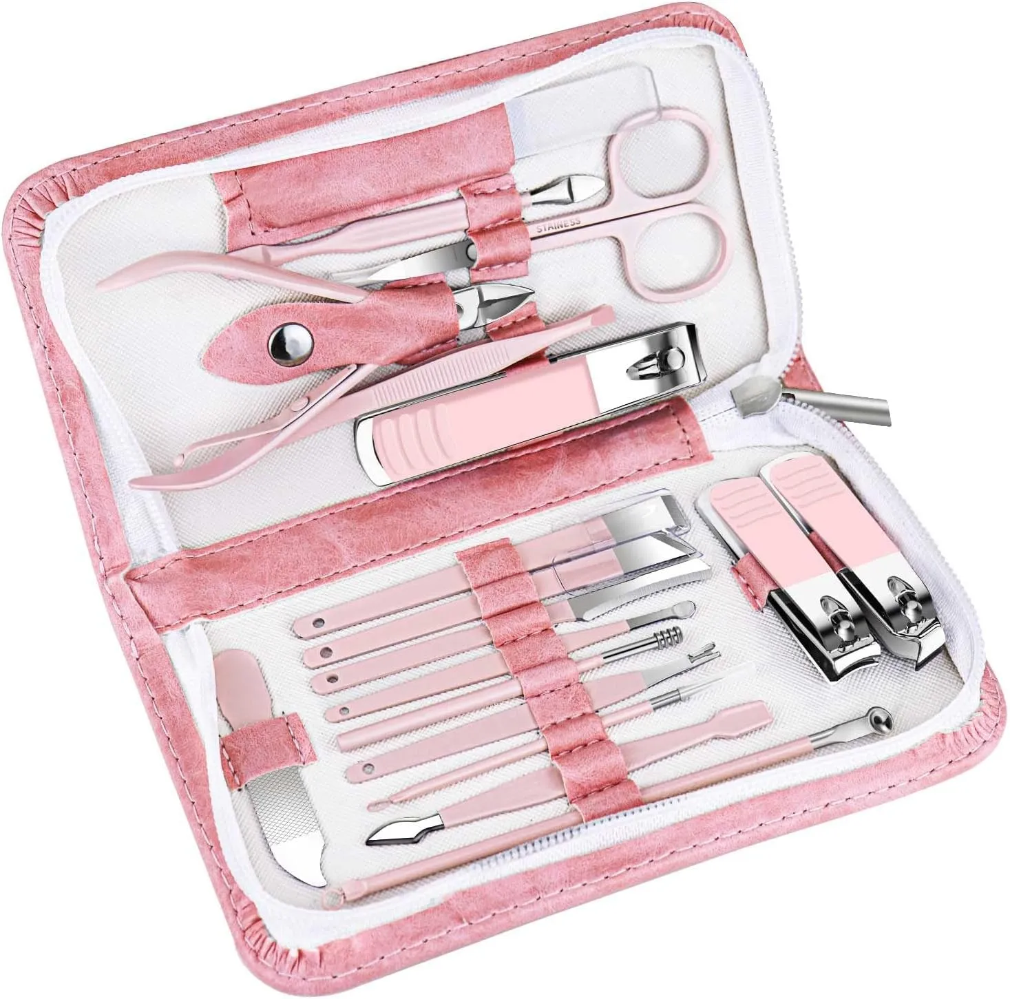 Compact 10-Piece Travel Manicure Set - Pink Stainless Steel Nail Clippers and Pedicure Kit for Women