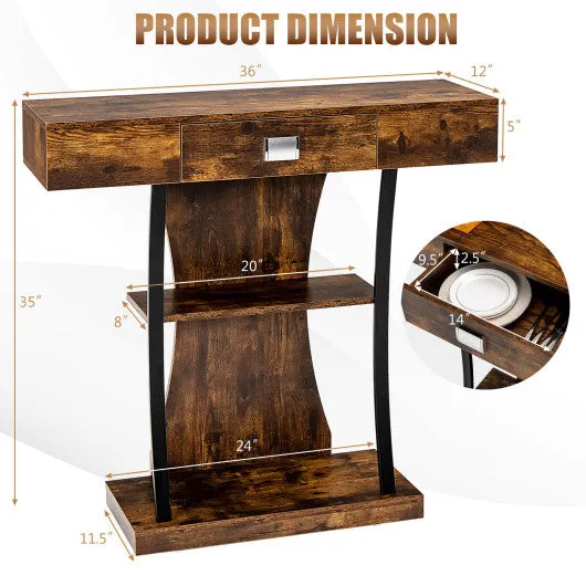 Console Table with Drawer and 2-Tier Shelves for Entryway Living Room-Rustic Brown