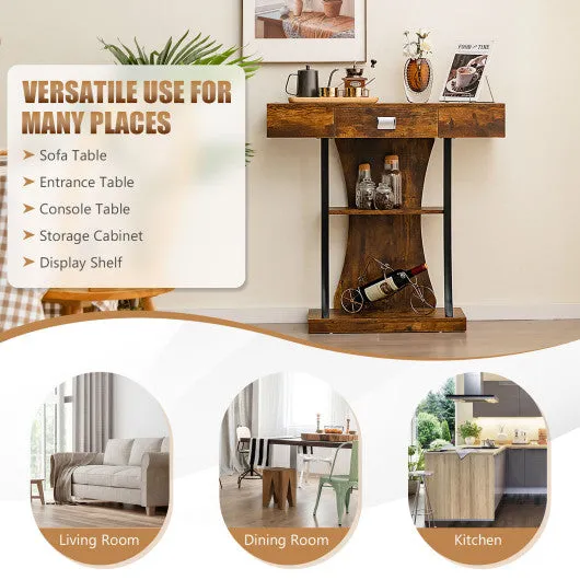 Console Table with Drawer and 2-Tier Shelves for Entryway Living Room-Rustic Brown
