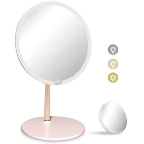 CULER Vanity Makeup Lighted 8.5 inch Mirror with 3 Color,Makeup LED Rechargeable Mirror with Touch Control,Table Desk Mirror with 5X Magnifing Compact Travel Mirror（Pink）