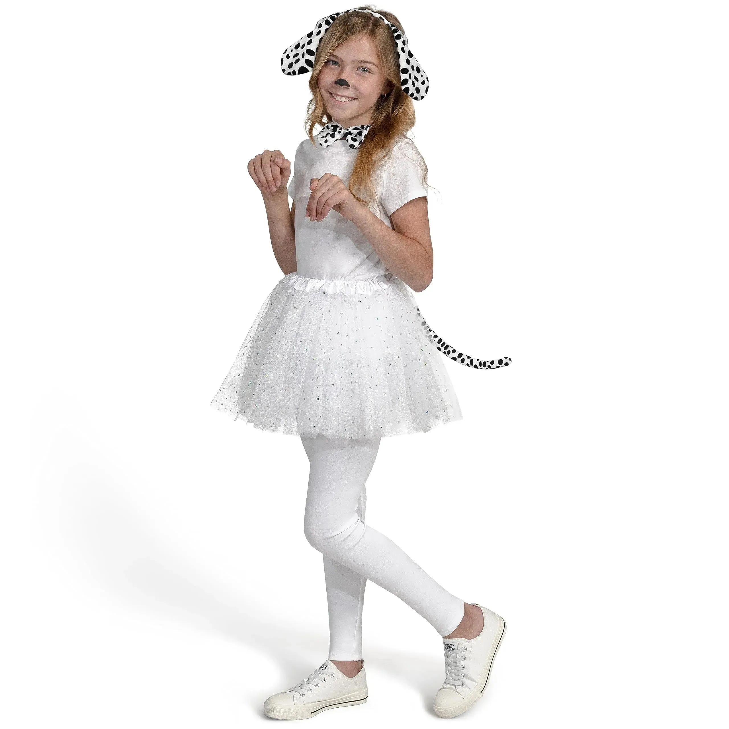 Dalmatian Dog Costume Set with Black and White Dog Ears Headband, Bow Tie, Puppy Tail for Kids