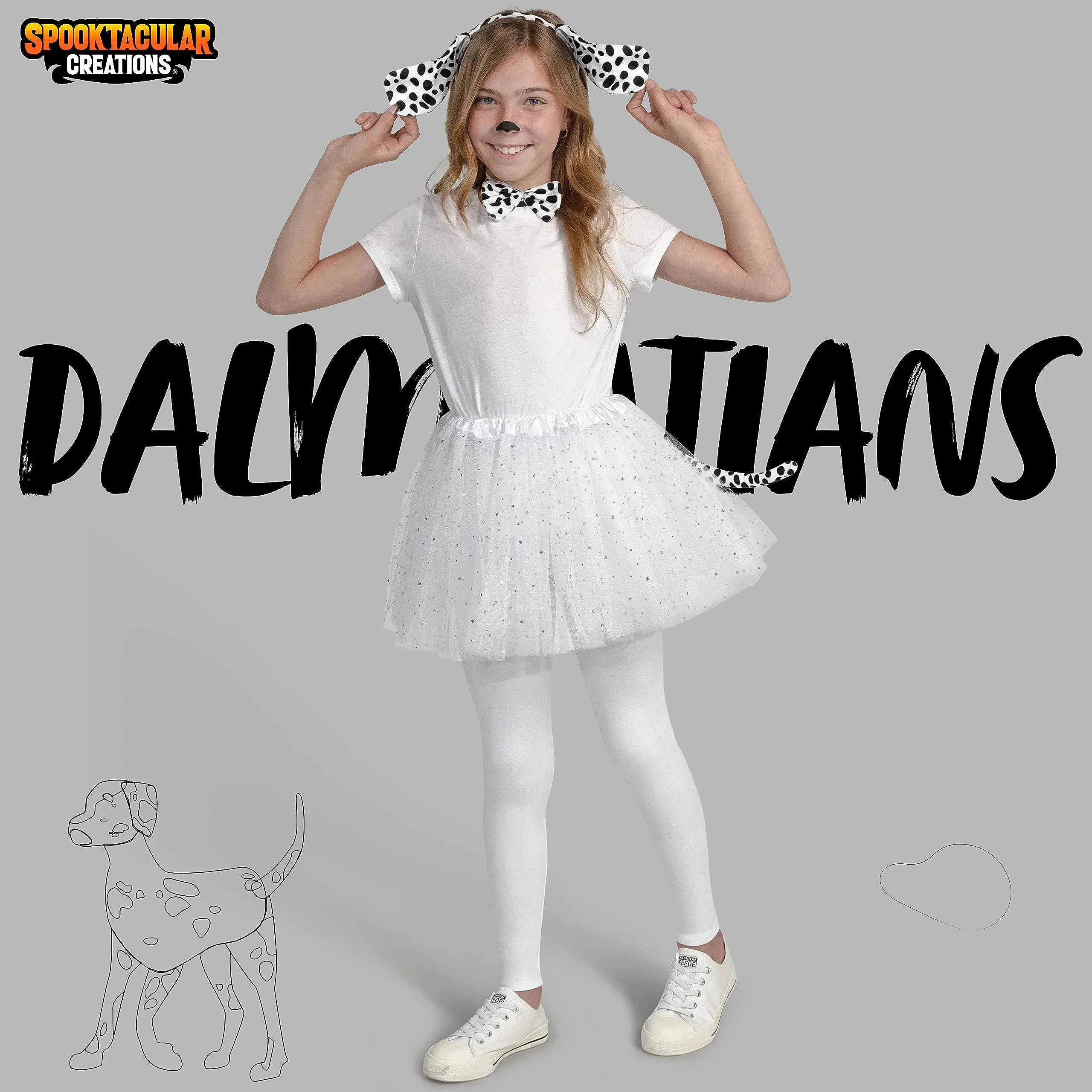 Dalmatian Dog Costume Set with Black and White Dog Ears Headband, Bow Tie, Puppy Tail for Kids