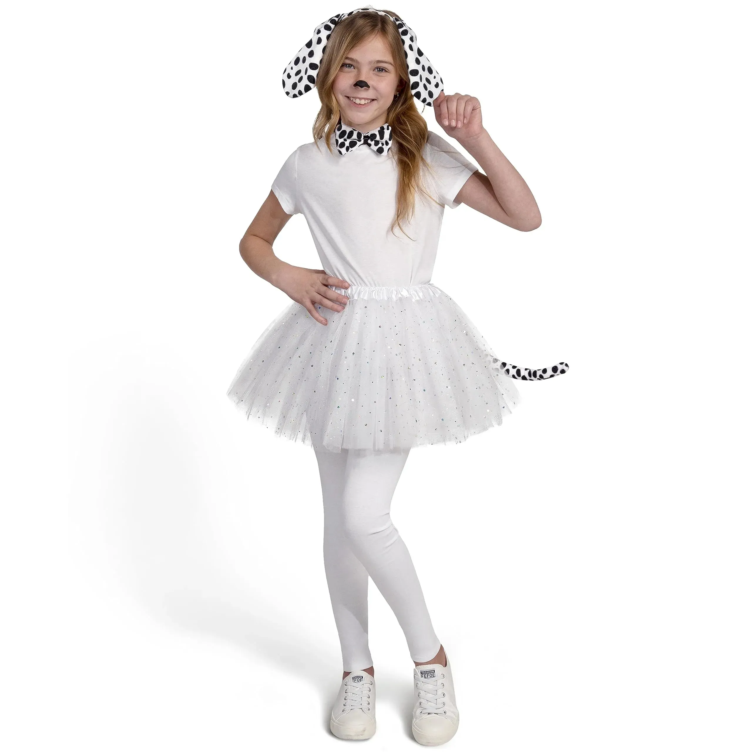 Dalmatian Dog Costume Set with Black and White Dog Ears Headband, Bow Tie, Puppy Tail for Kids