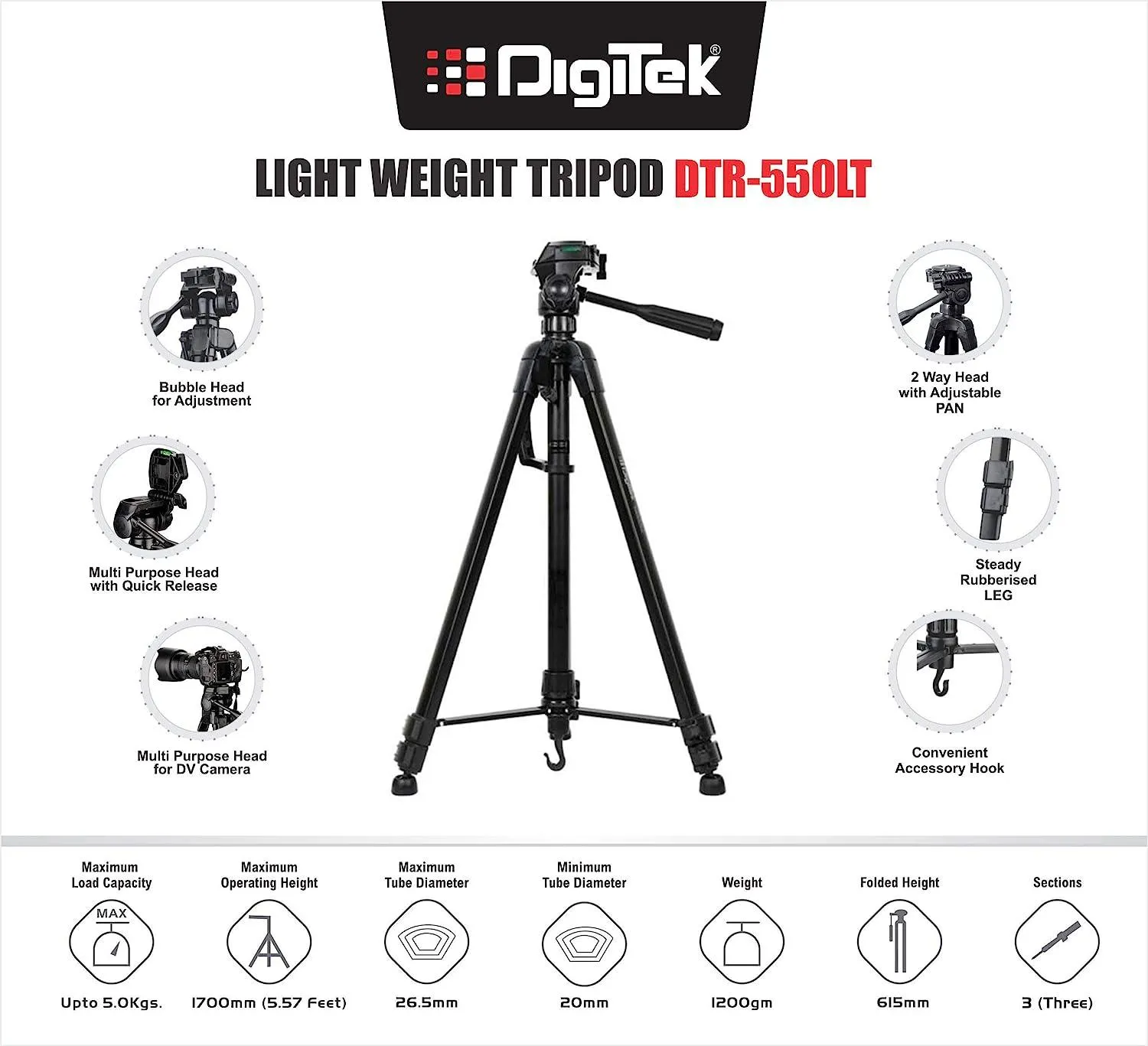 Digitek (DTR-550 LT) (65 Inch) Lightweight Tripod (Maximum Load up to 5kg), 5.57 Feet Tall for Digital SLR & Video Cameras, Made Aluminium Material