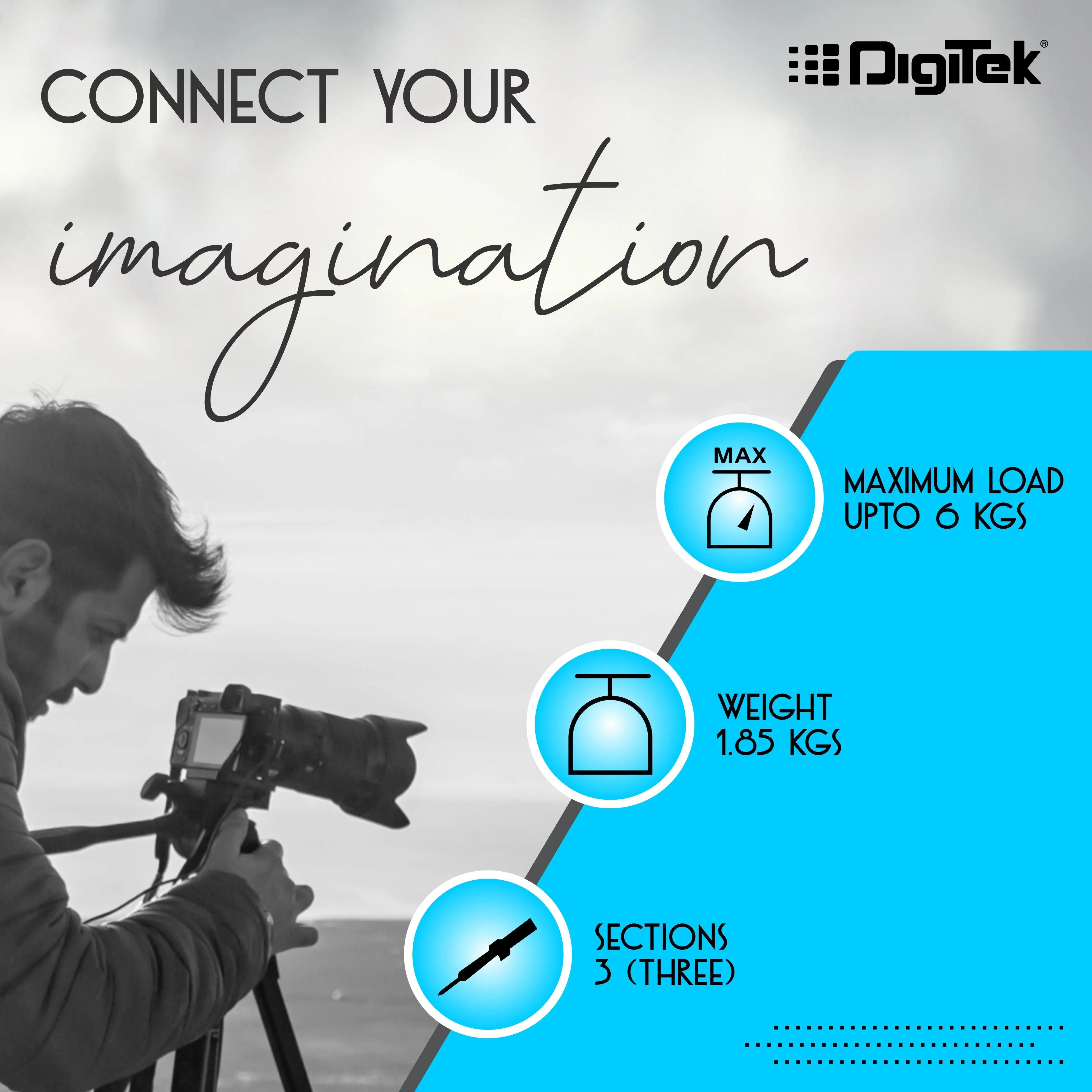 Digitek (DTR590 VD PRO) Tripod for DSLR & Video Cameras, Operating Height : 5.90 Feet, Maximum Load Upto: 6 Kg, Lightweight & Sturdy Tripod with 2 Way Adjustable Head